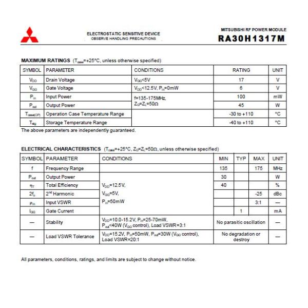 RA30H1317M Mosfet Power Transistor For Mobile Radio 135-175MHz 30W 12.5V