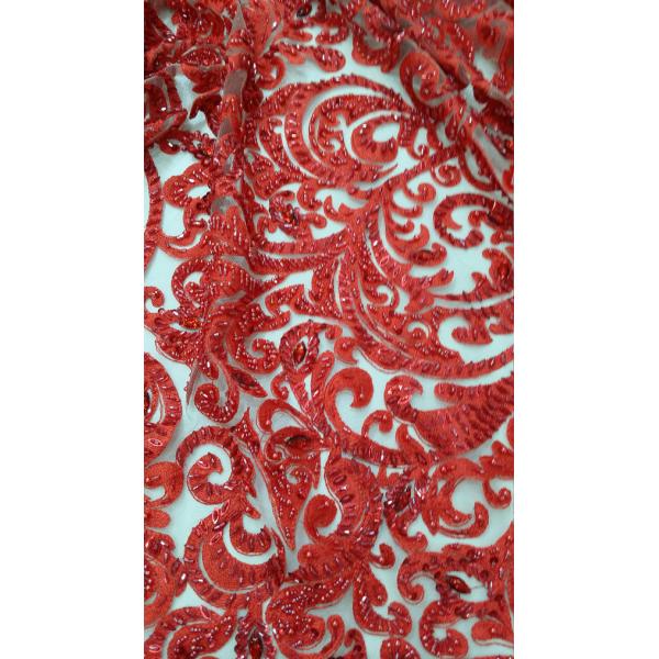 125cm Red Embroidered Beaded Lace Fabric , Beaded Bridal Lace By The Yard