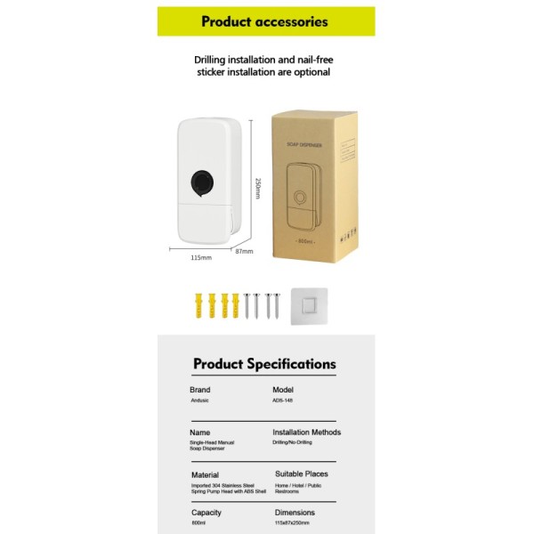 Modern Wall Mounted Pump Soap Dispenser 800ML Refillable For Home Hotel Bathroom Kitchen