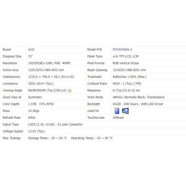 55Inch High Brightness Lcd Panel 3840×2160 Brightness 2500cd/M2 LVDS Interface P550HVN06.4