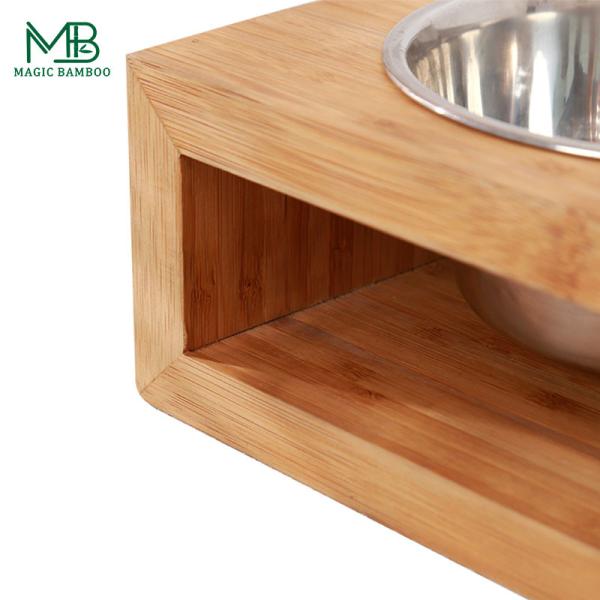 Bamboo Pet Feeder With Double Position Steel Bowls Rectangle