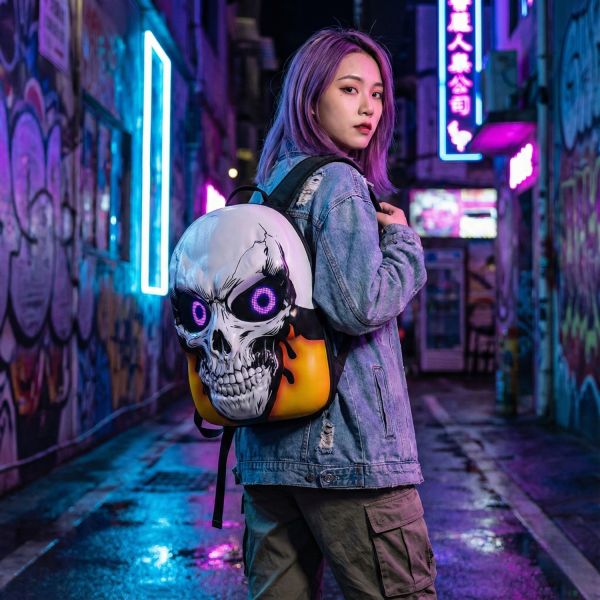 Advanced Tech Hardshell Backpack - LED Skull Edition | Programmable Purple Eyes, Flame Design, Durable Travel Laptop Bag