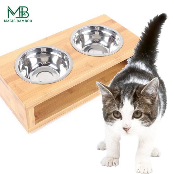 Bamboo Pet Feeder With Double Position Steel Bowls Rectangle