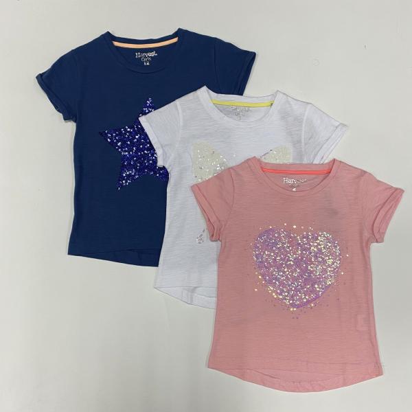 100% Combed Cotton Girl's Beaded Embroidered Short Sleeve Summer T-Shirt Slub Jersey
