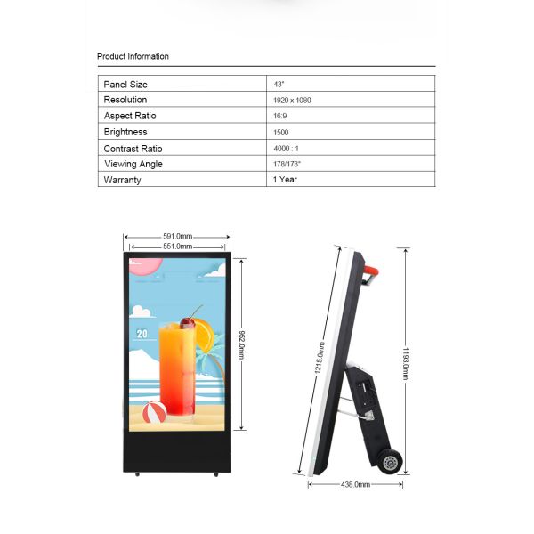 43" Outdoor Waterproof Digital Signage High Brightness Moveable Electronic Poster Sidewalk A-Board Display Factory