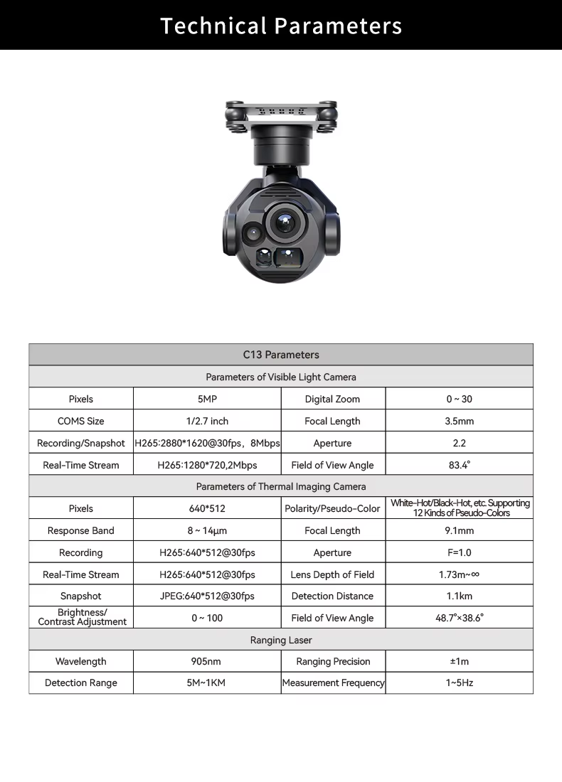 Skydroid C13 Intelligent AI Tracking Three Axis Camera Gimbal 30X Zoom High Resolution Thermal Imaging Durable Plastic Material