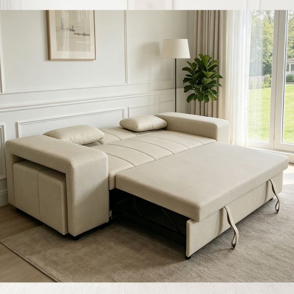Queen Size Convertible Sleeper Sofa Bed, Comfortable Pull-Out Bed with Adjustable Backrest, Arm with Ottomans, Beige Tech Leather