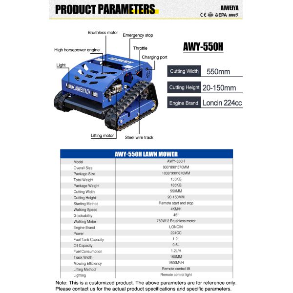 All-Terrain Remote Control Agricultural Self-Propelled Mower 224CC High HP 550MM Cutting Width Mulching Grass Trimmer