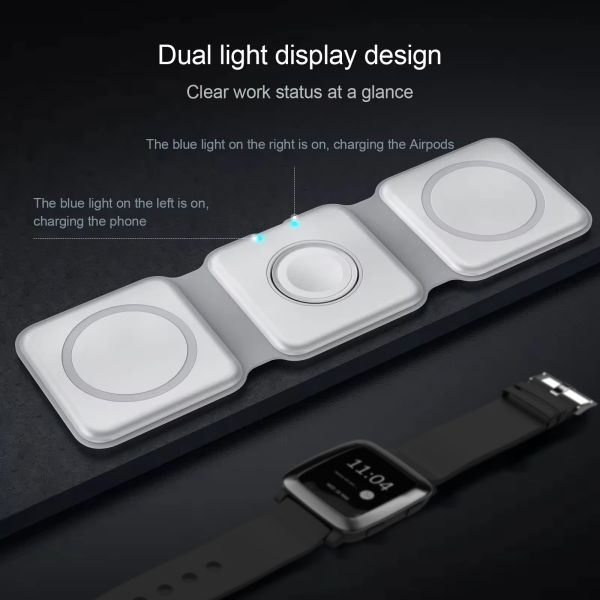 15W Magnetic Phone Watch Earbud Charger Portable 3 In 1 Foldable Wireless Charger
