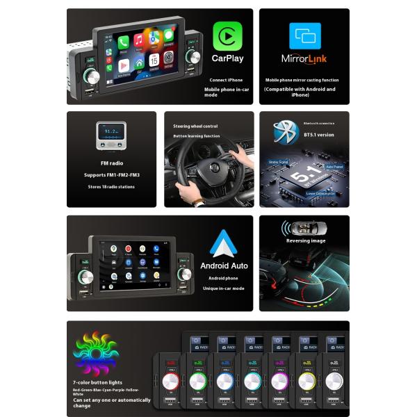 Creatall 5-Inch Car MP5 Player for Bluetooth Reversing Camera Wired/Wireless CarPlay Supports WAV MP3 APE Audio Formats USB