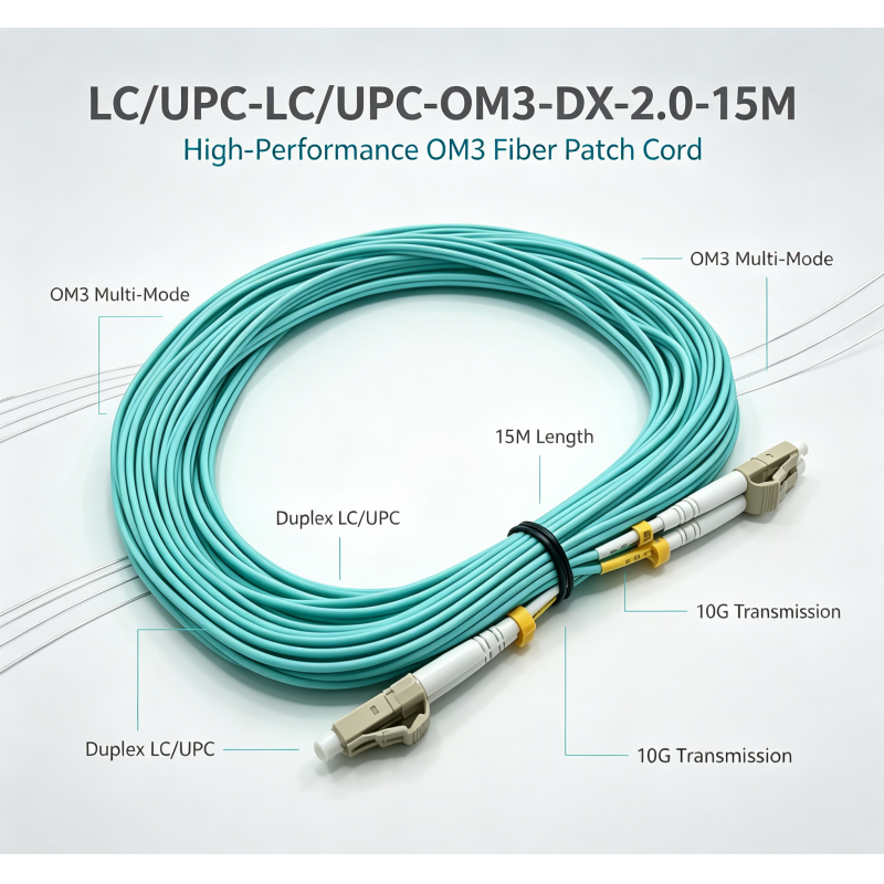 Datacenter Compact Flame Retardant Duplex Optical Patch Cable With LC-UPC To LC-UPC Interface, OM3 Multimode, 2.0mm OD, 15 Meter