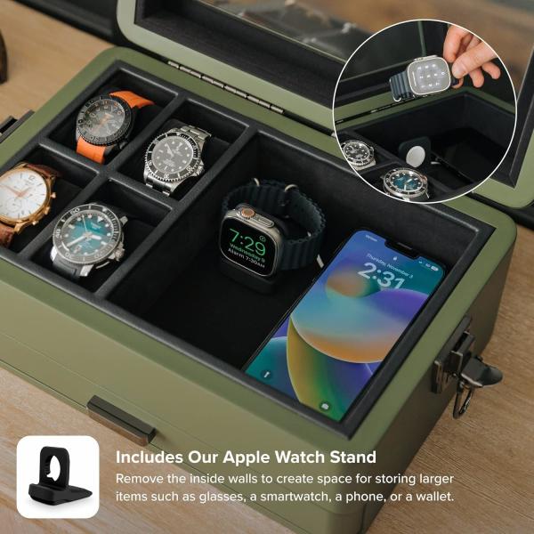 CASE ELEGANCE Military 10 Slot Watch Box Case Organizer for Men, Real Glass Top, Modular Valet Tray,