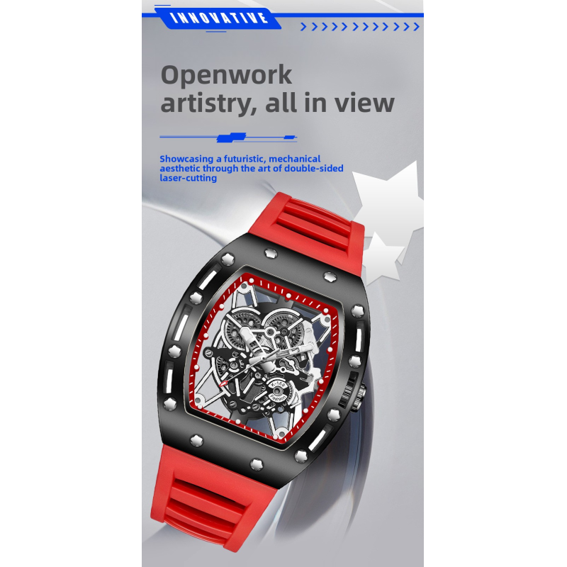 Luminous waterproof skeletonized quartz watch, barrel-shaped men's watch