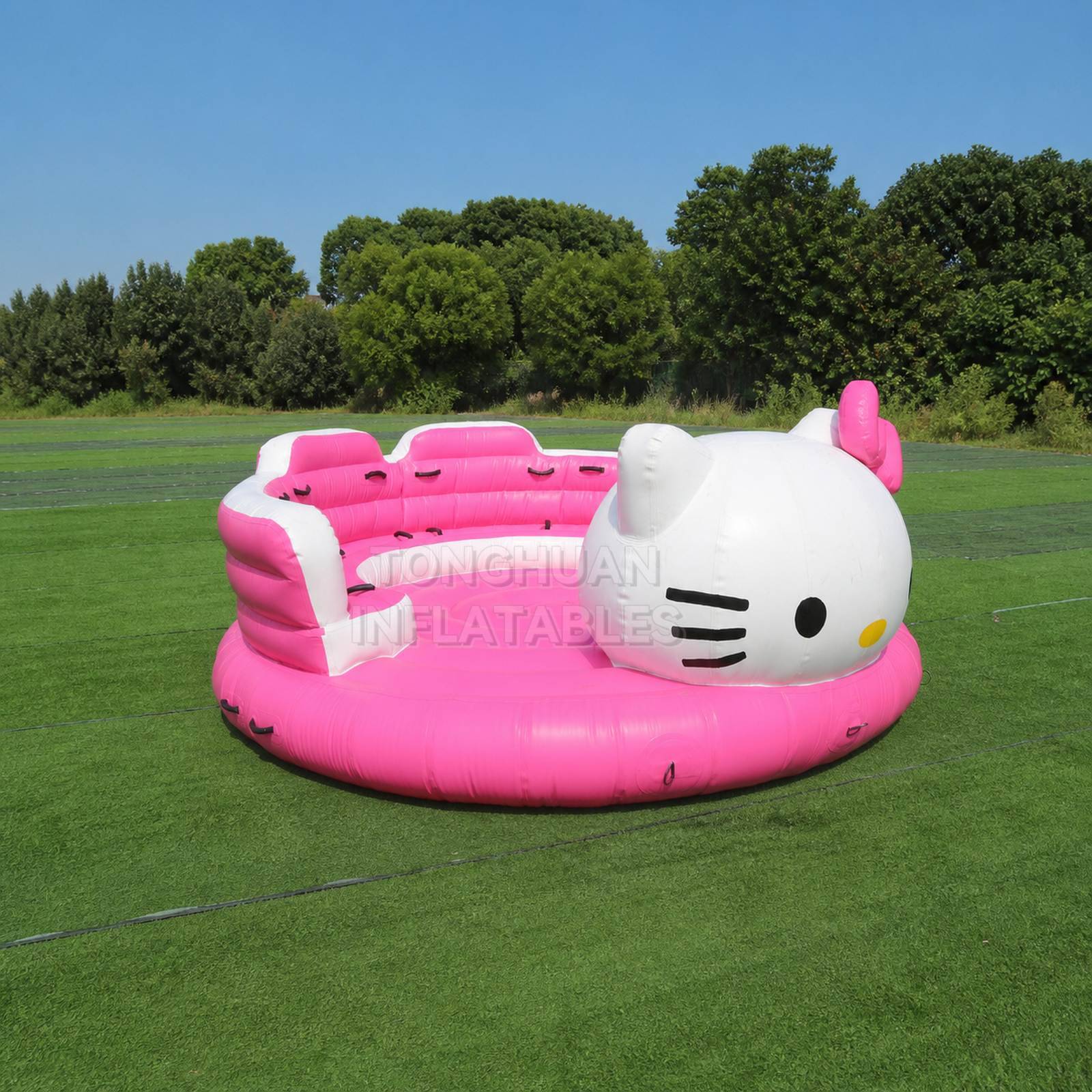 Custom Pink Cartoon Cat Inflatable Towable Boat with Multi Seat Layout Reinforced Handles and D-Rings for Resort Lake Water Sports Rentals