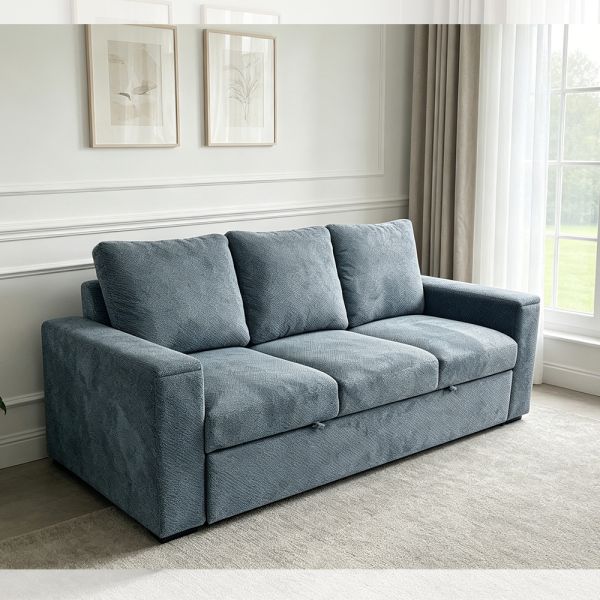 Futon Sofa Bed, Convertible Sleeper Sofa Bed, Comfortable Pull-Out Bed with Adjustable Backrest, Arm with Hidden Stainless Steel Cup Holders, Blue