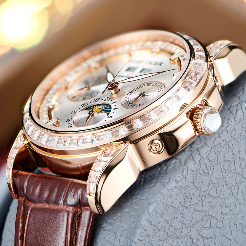 Reef‑Tiger Men Automatic Watch,Rose Gold Diamond Bezel Moon‑Phase Calendar Leather Strap Business Wristwatch