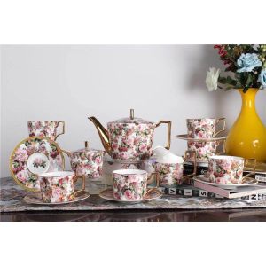 China Flat Bottom Commodious Handle British Floral Ceramic Tea Sets on sale
