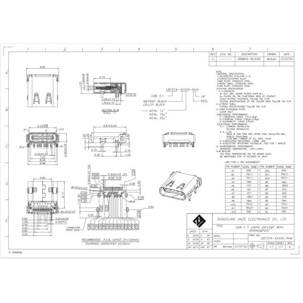 5A TYPE C Micro USB PCB Connector Jack Female 24Pin DIP SMT 24P
