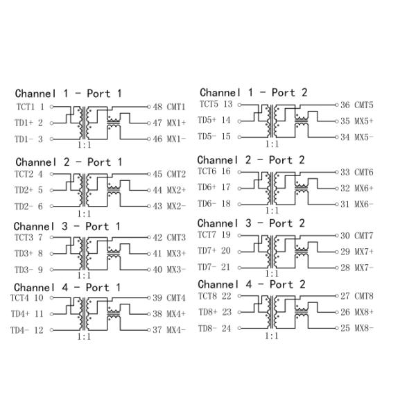 QT48A03PP LP84810NL 1000Base-T Dual Port Transformer POE+ 750mA DC Current
