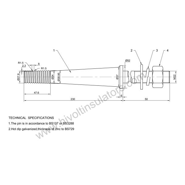 Adjusted Length Large Steel Head Spindle For BS Standard 33kV Pin Type Insulators