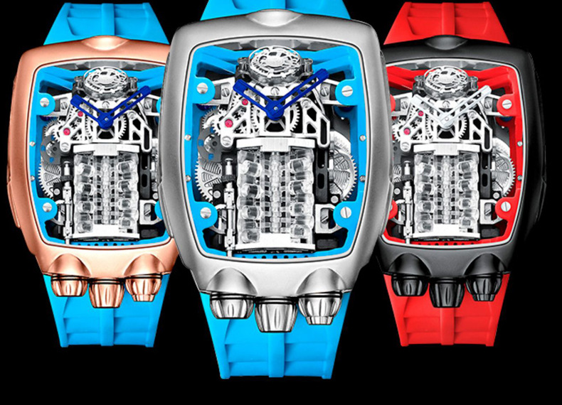 OBLVLO Bugatti‑Inspired V16 Engine Skeleton Automatic Watch, Men’s Tonneau‑Shaped Thick Mechanical Wrist Watch
