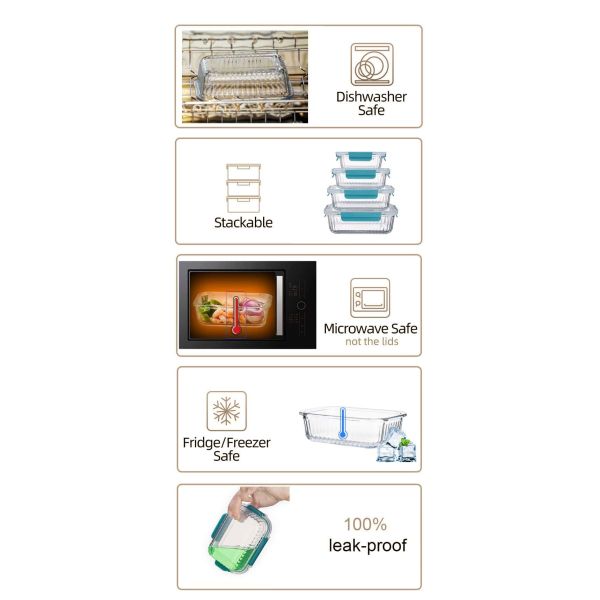 IKOO Airtight Locking Lids Stackable Design Microwave Safe Glass Food Container for Meal Prep