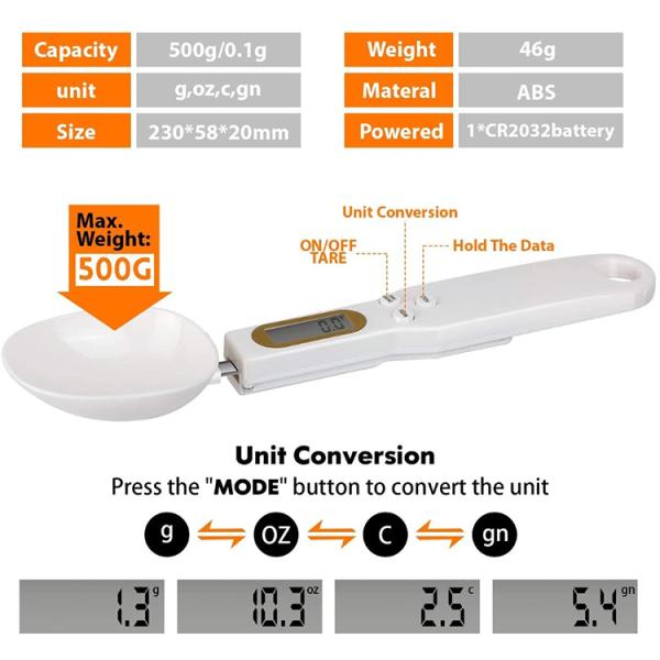 Veidt ROUND Design 500g/0.1g Digital Spoon Kitchen Measuring Spoon Precise Weight Measuring Function and Electronic Spoon