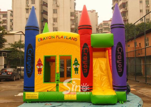 Quality Hot commercial outdoor crayon inflatable bounce house with basketball ring N slide inside for kids parties for sale