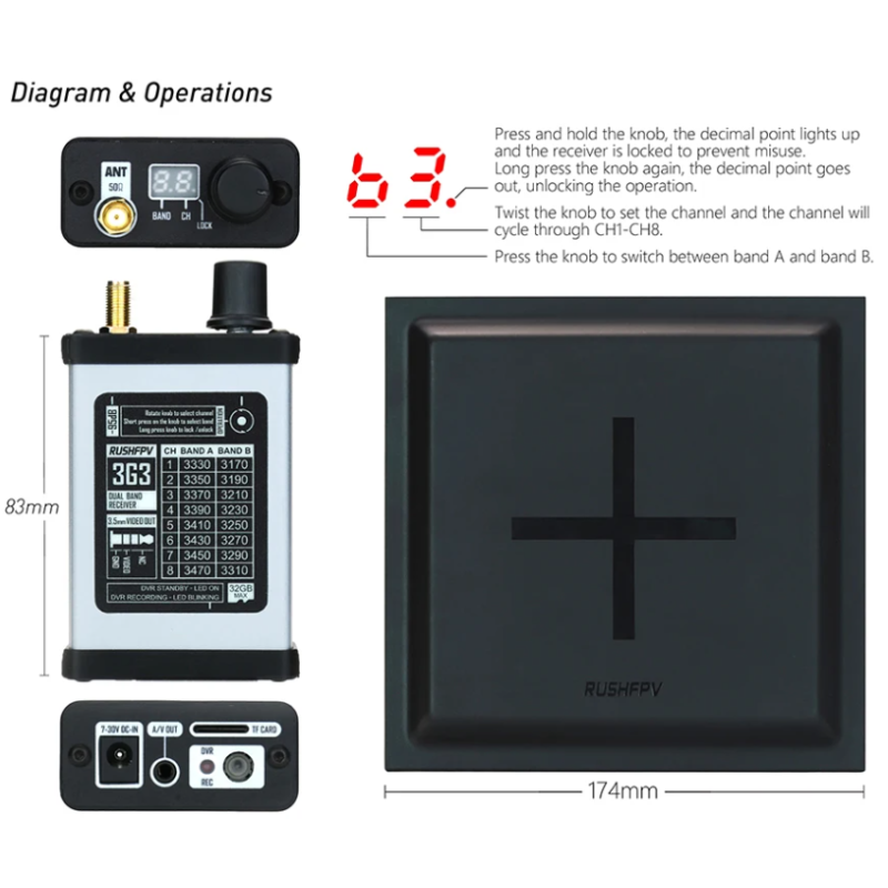 RushFpv 3.3G 2000mW 2W 8CH Vtx / VRx Audio Video FPV Transmitter / Receiver Recording Plate Antenna for RC Fpv Drone Multi-rotor