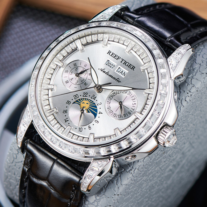 Reef‑Tiger Men Automatic Watch,Rose Gold Diamond Bezel Moon‑Phase Calendar Leather Strap Business Wristwatch