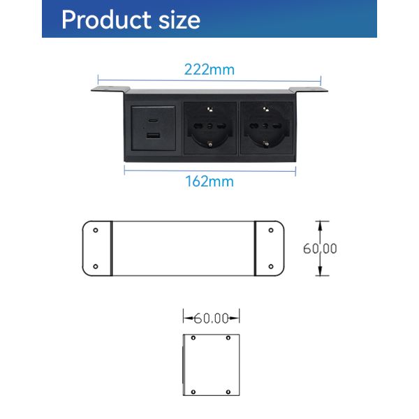 Commercial Under Desk Power Strip Outlet 20W USBA USBC 250V