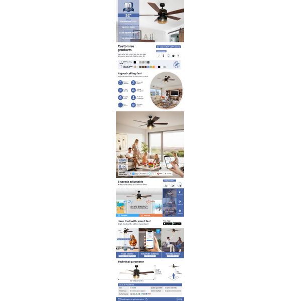 Traditional Design Style Ceiling Fan with Light and Remote Control/Wall Control/WIFI/APP