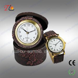 China Elegant classic travel PU leather desk clock and watch gift set for promotion on sale