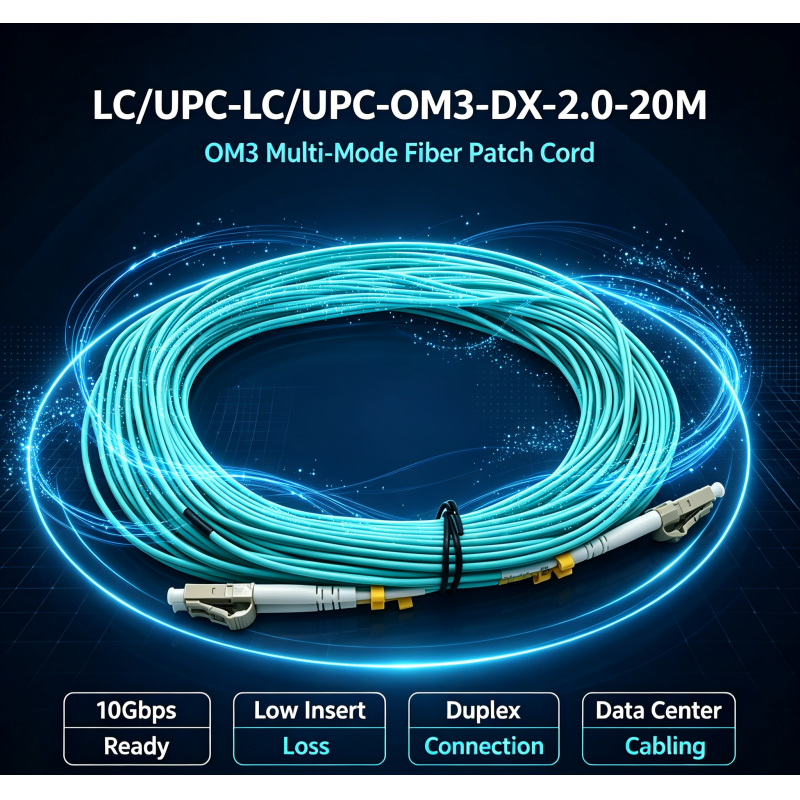Enterprise Datacenter Flame Retardant Duplex Multimode Optical Patch Cable With Lc-upc To Lc-upc Interface , Om3 , 2.0mm Od , 20 Meter