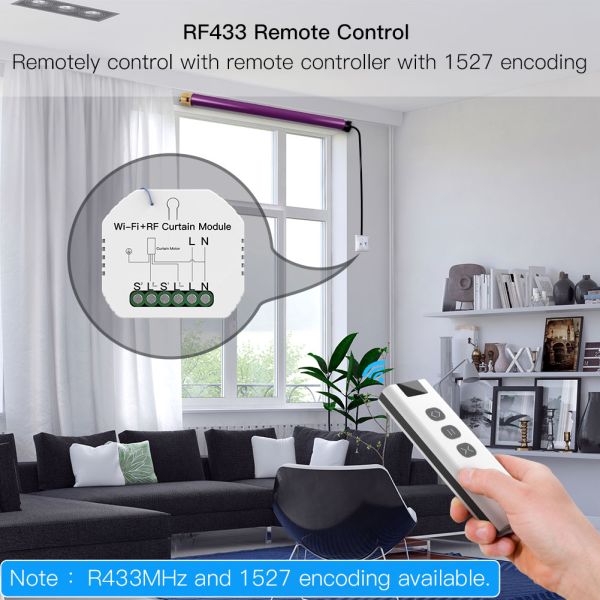 WiFi+RF433 Smart Curtain Switch Module with 9 Channel Remote Control for Roller Bllinds Shutter, Tuya/Smartlife, alexa,