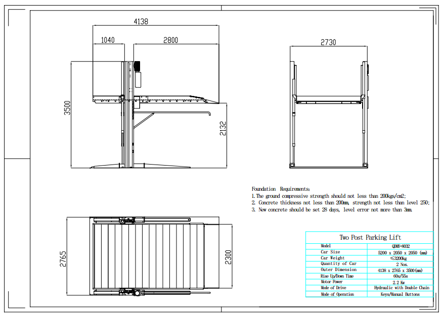 QDMY-8023 8027 8032 Two Post Car Parking Lifts/Car Storage Lift