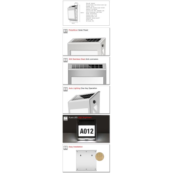 Waterproof 6000k Solar Address Sign Wall Light FCC 8pcs Led House Number Light