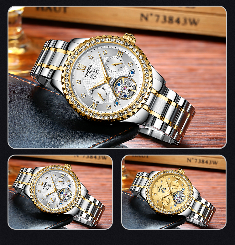 KINYUED calendar wrist watch gold dial with diamond case automatic mechanical watch