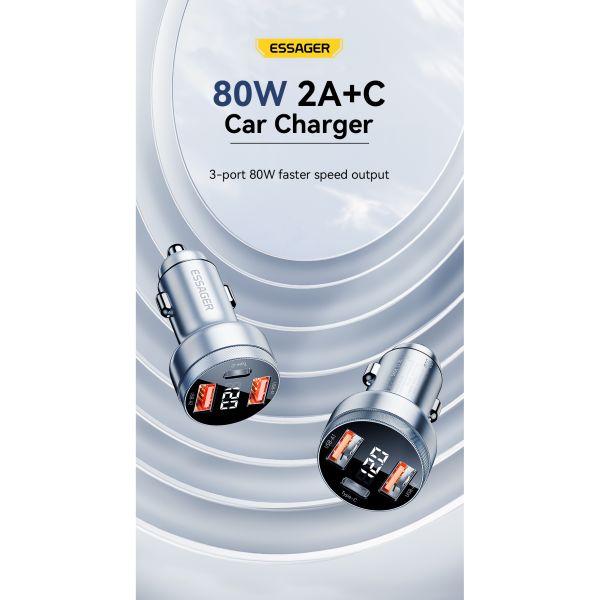 Essager 2022 Fenglang Aluminum alloy digital display car charger 80W 3 in 1 Car Charging 2 USB A Type C Fast Car Charger
