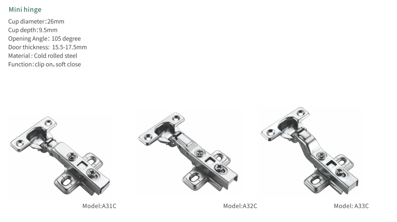 A31 Kitchen Cabinet 26mm Cup Soft Closing Clip on Mini Hinge