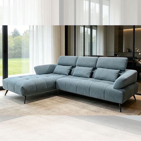 Sectional Sofa with Adjustable Back and Pillows, Blue Fabric