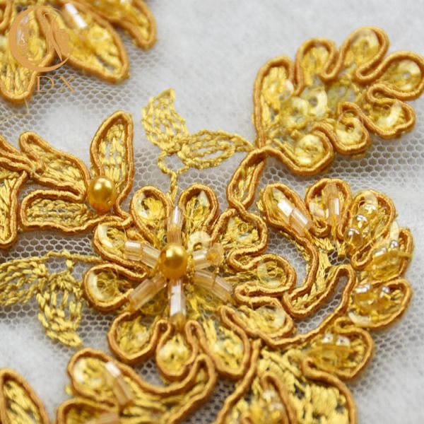 MDX Golden Sequin Net Embroidery Lace 135cm Width For Textile