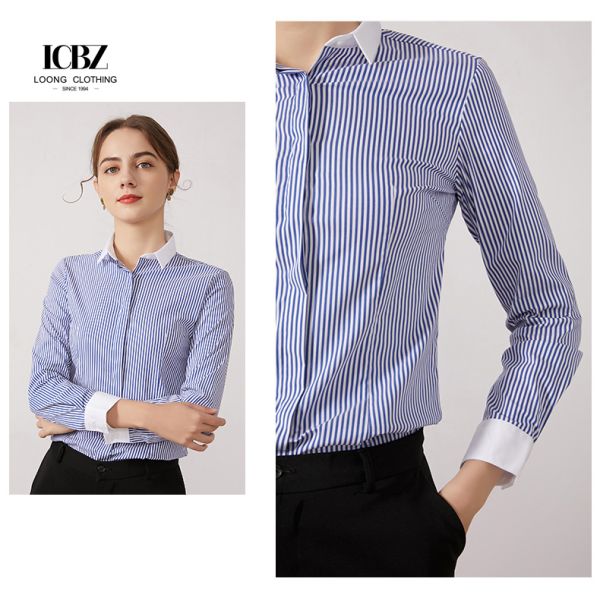 Work Office Formal Navy 100% Cotton Strip Button Down Shirts Custom Contrast Color