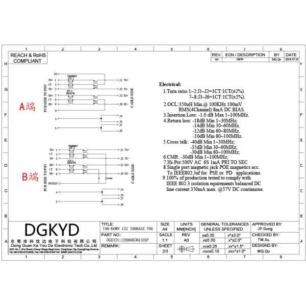 100M 1x2 Tab Down RJ45 Modular Jack PCB Connector with POE