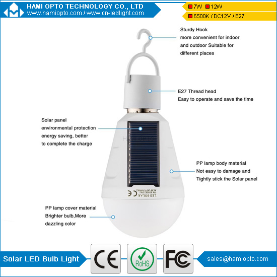 7W 5Hours work time Portable E27/E26 Led Bulb Lamp Rechargeable Solar Panel Applicable