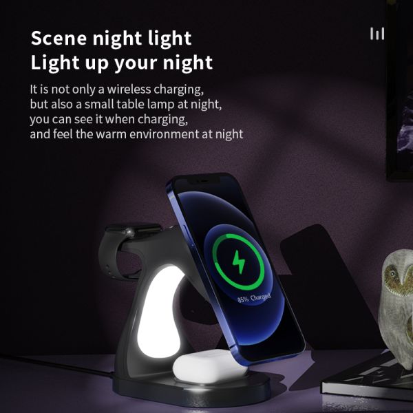 Night Light Wireless Charger Stand with Magnetic Absorption and LED Light for Phone Earphone and Watch 3 in 1