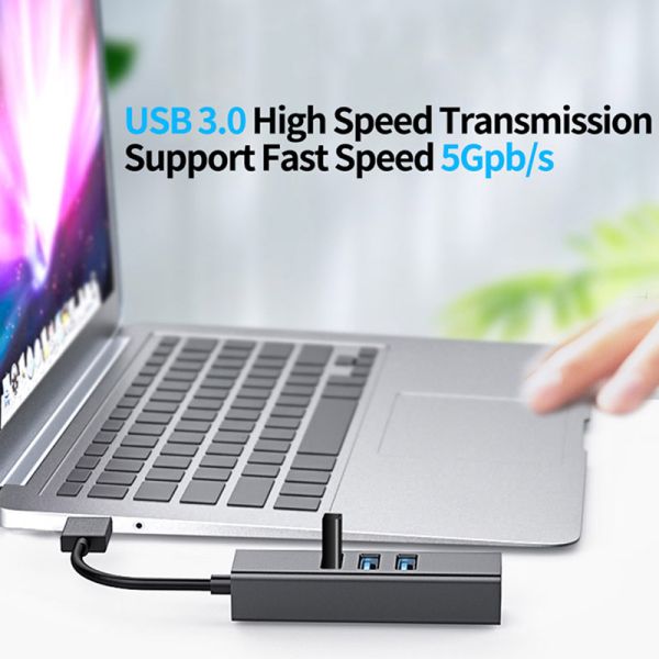 Gray USB3.0 Hub And RJ45 Lan Adapter With 3 USB Ports Gigabit Ethernet Network Card