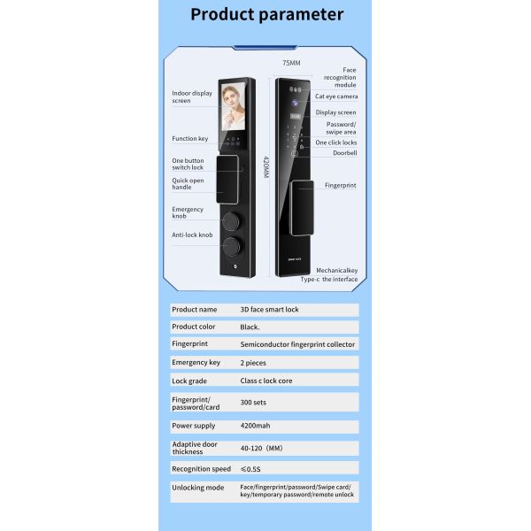 3D Face Recognition Tuya APP Intercom Camera Biometric Fingerprint Smart Locks For Home