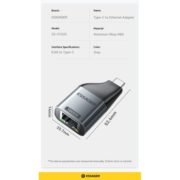 ESSAGER ES-OTG22 Type C USB C To RJ45 Ethernet Adapter 100 1000 Mbps