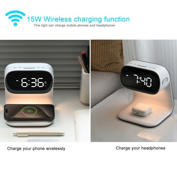 Fast Charging Wireless Bedside Night Light 15W ABS LED Battery Phone Headset Alarm Clock Table Lamp Gift Compact